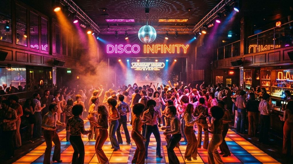 A 1970s nightclub interior with magenta and orange neon — the era of disco, funk, and unapologetically decorative typography.