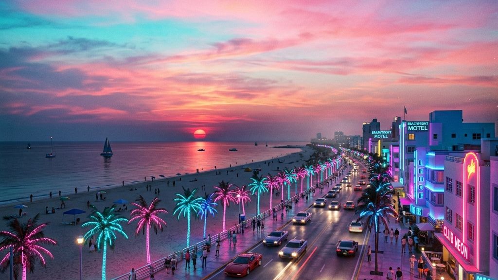 1980s Miami beachfront at sunset with neon palm trees against a pink-and-cyan gradient sky — the synthwave aesthetic that defined 80s display typography.