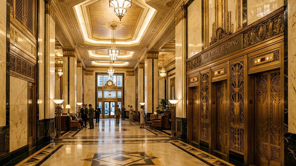 An Art Deco lobby interior with geometric brass and marble details — the aesthetic Art Deco typography was built to live inside.