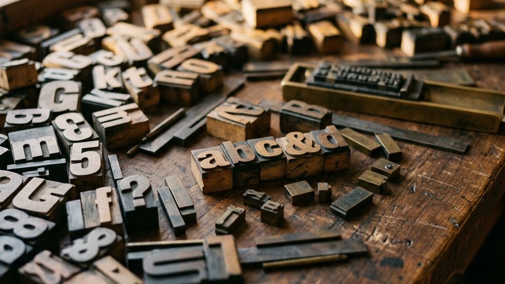 A composition of vintage letterpress type blocks arranged on a wooden tray under warm studio light — physical typography that inspired the digital retro fonts we use today.