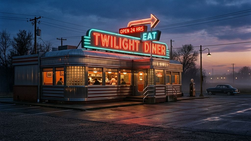 A 1950s American diner at twilight with red and turquoise neon — the world that gave us Lobster, Pacifico, and the entire mid-century script tradition.