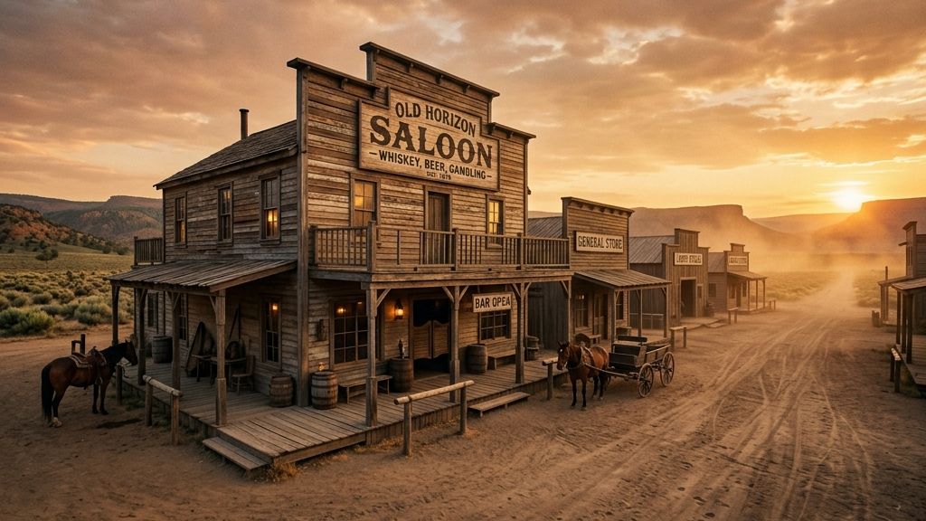 A weathered 1880s saloon exterior with hand-painted wooden signage at golden hour — the visual world that Western typography evokes.