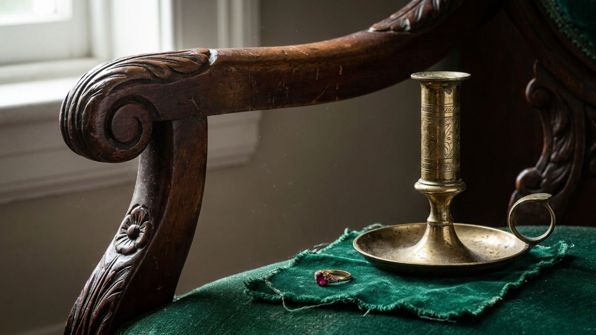 A close-up of a carved Victorian mahogany armchair, a tarnished 1880s brass candlestick, and an Edwardian gold ring on aged green velvet — all over 100 years old.