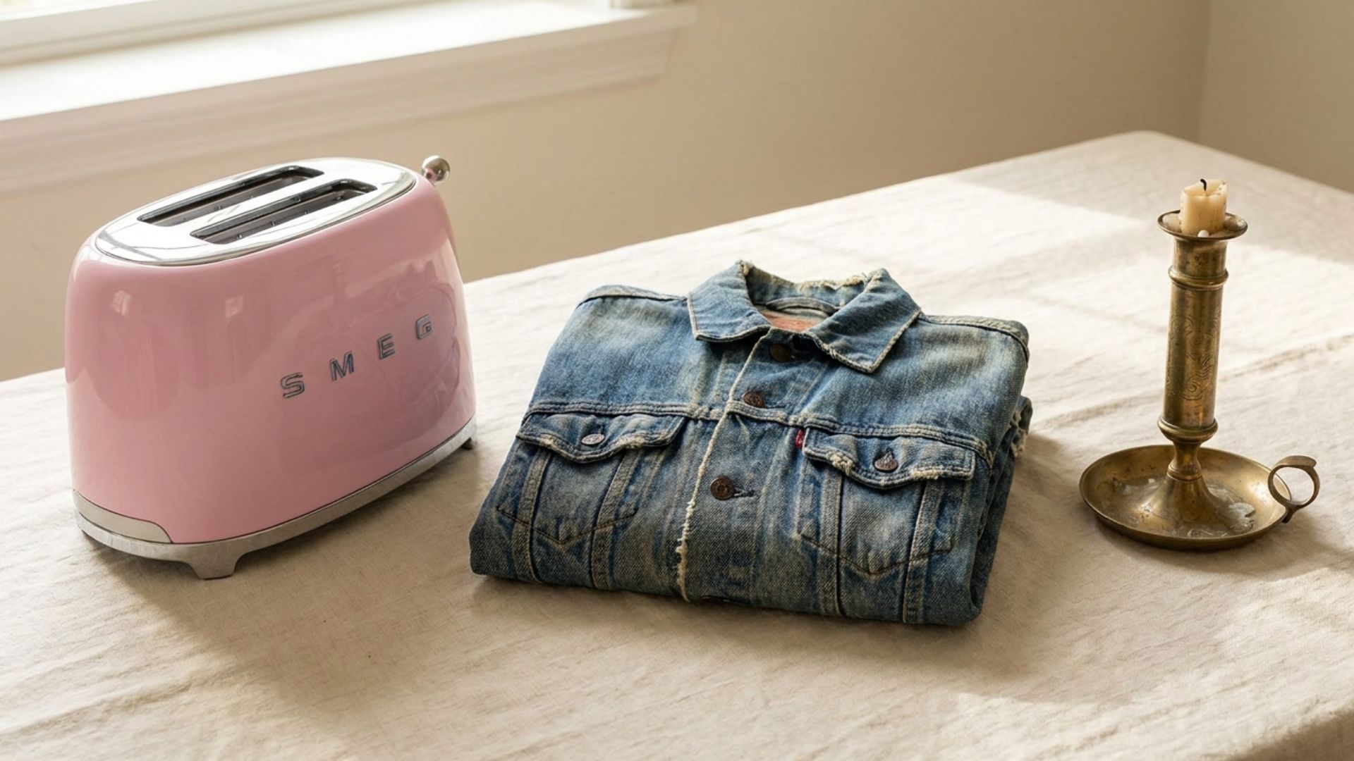 A still life arrangement: a brand-new SMEG retro toaster, a folded 1985 vintage Levi's denim jacket, and an antique brass candlestick — three eras, three definitions.