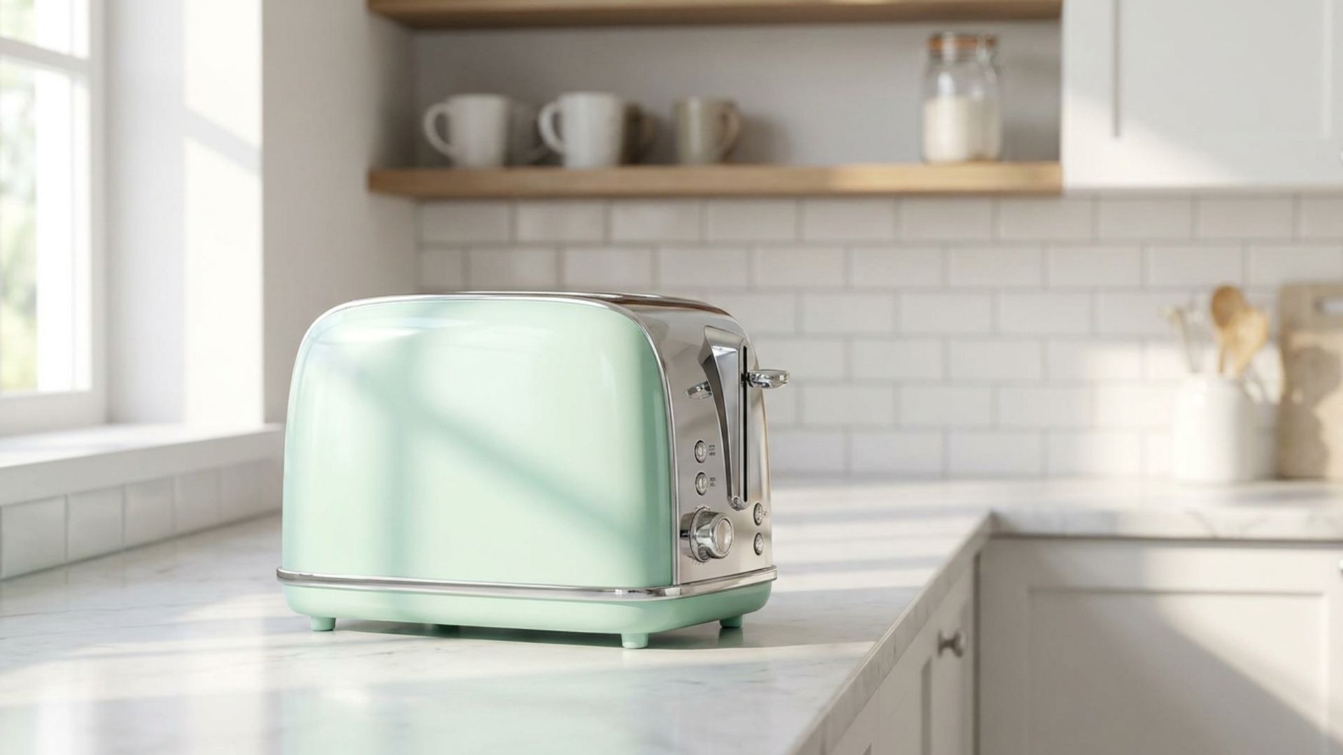 A pastel mint green SMEG-style retro toaster on a white marble kitchen counter — brand new, designed to evoke the 1950s.