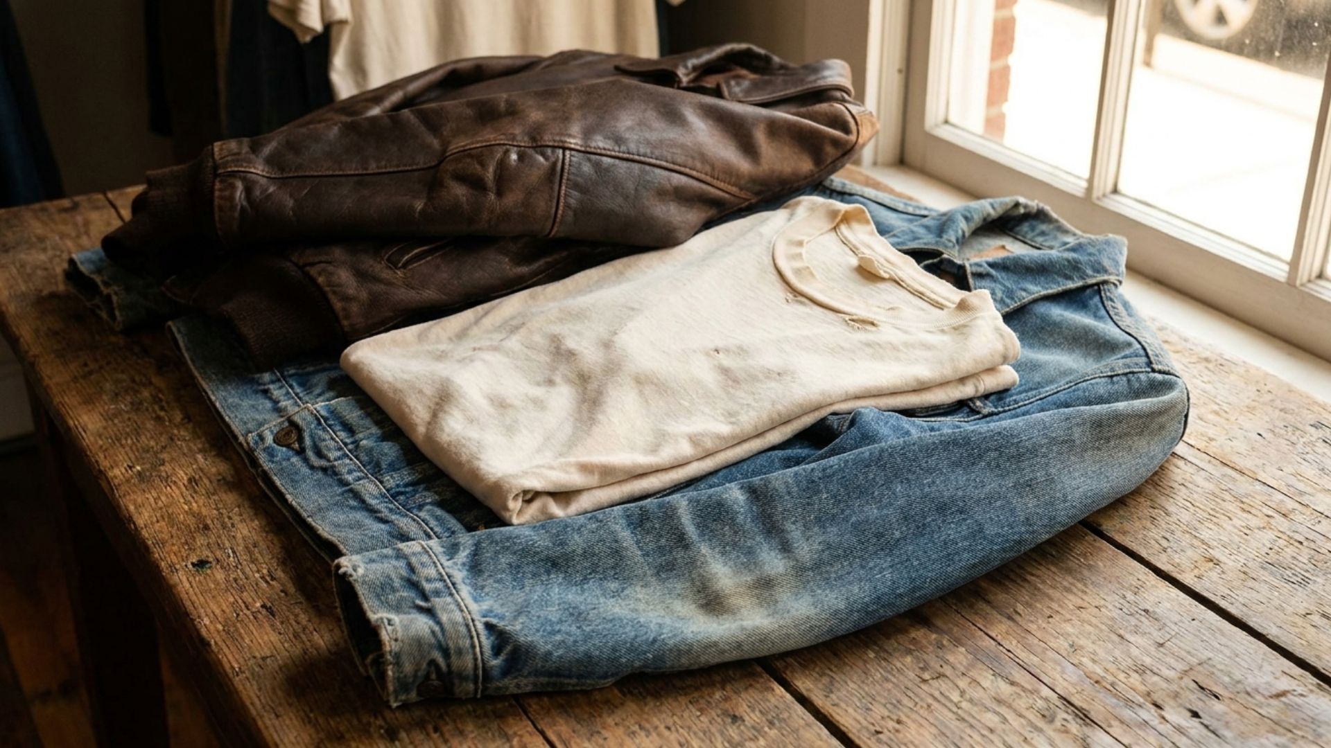 A folded stack of authentic vintage 1980s clothing on a worn wooden surface — faded Levi's denim, a worn band tee, and a soft leather jacket showing real age and patina.